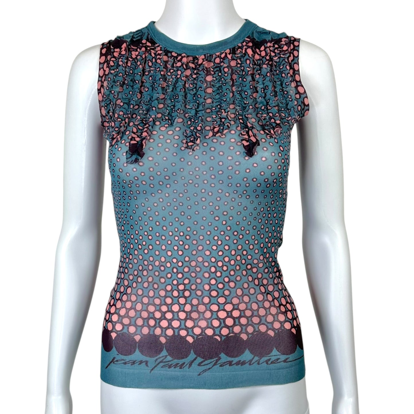 Jean Paul Gaultier Teal & Pink Logo Print Polka Dot Mesh Tank