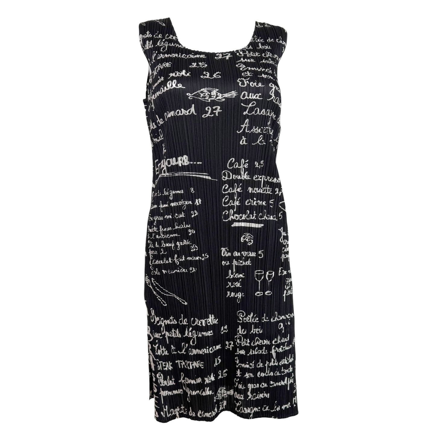Issey Miyake Pleats Please Black & White Cafe Chalkboard Menu Printed Pleated Sleeveless Dress Sz 3