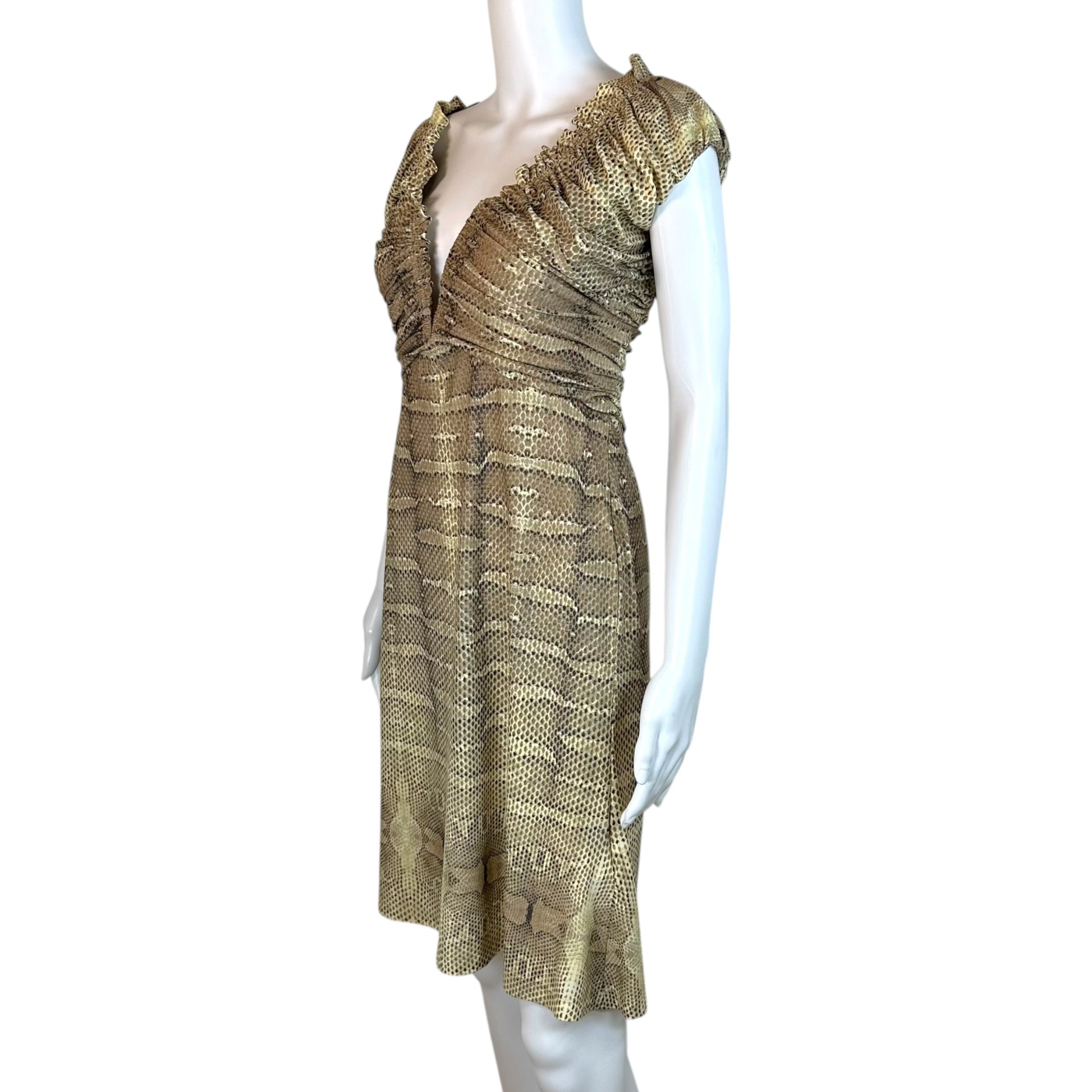 Roberto Cavalli Mini Dress Snakeskin Print V-Neck Large