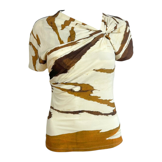 Roberto Cavalli 2008 Ivory & Brown Zebra Print Asymmetrical Neckline T-Shirt