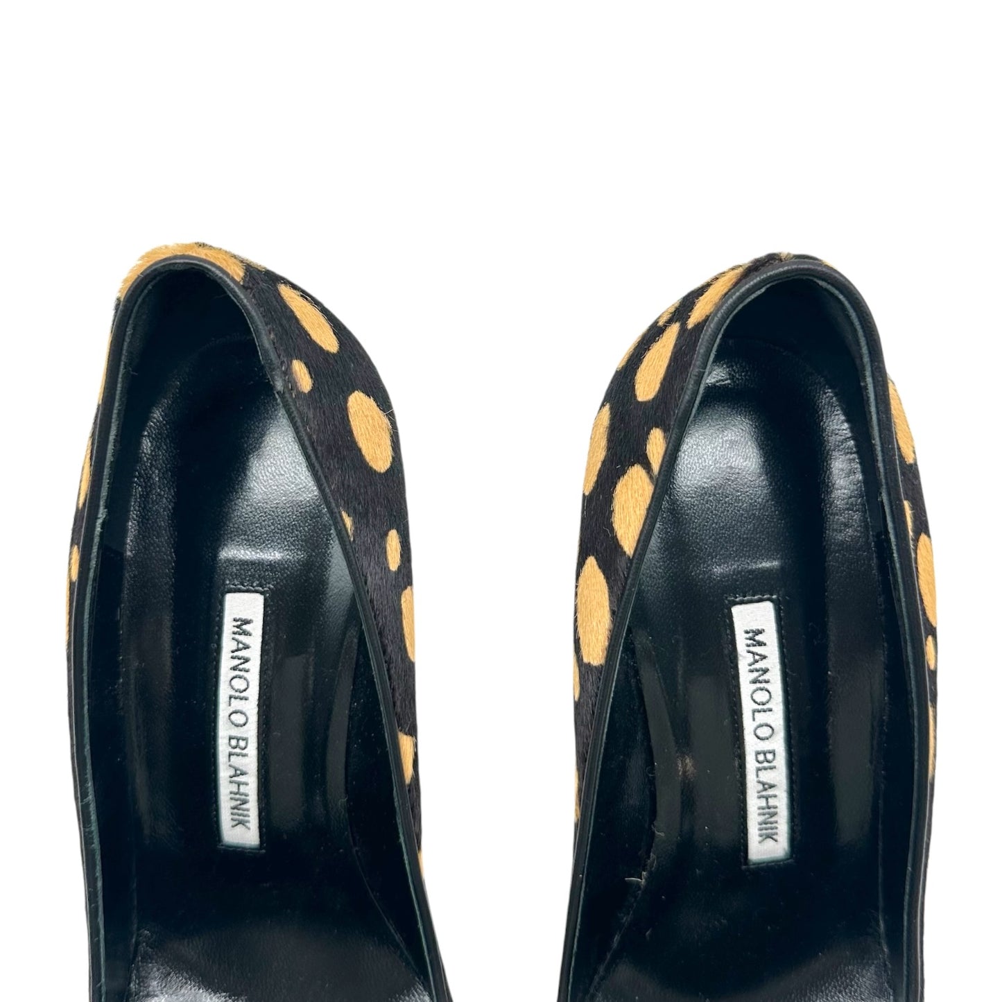 Manolo Blahnik Brown & Yellow Spotted Ponyhair Pointed Toe Pumps