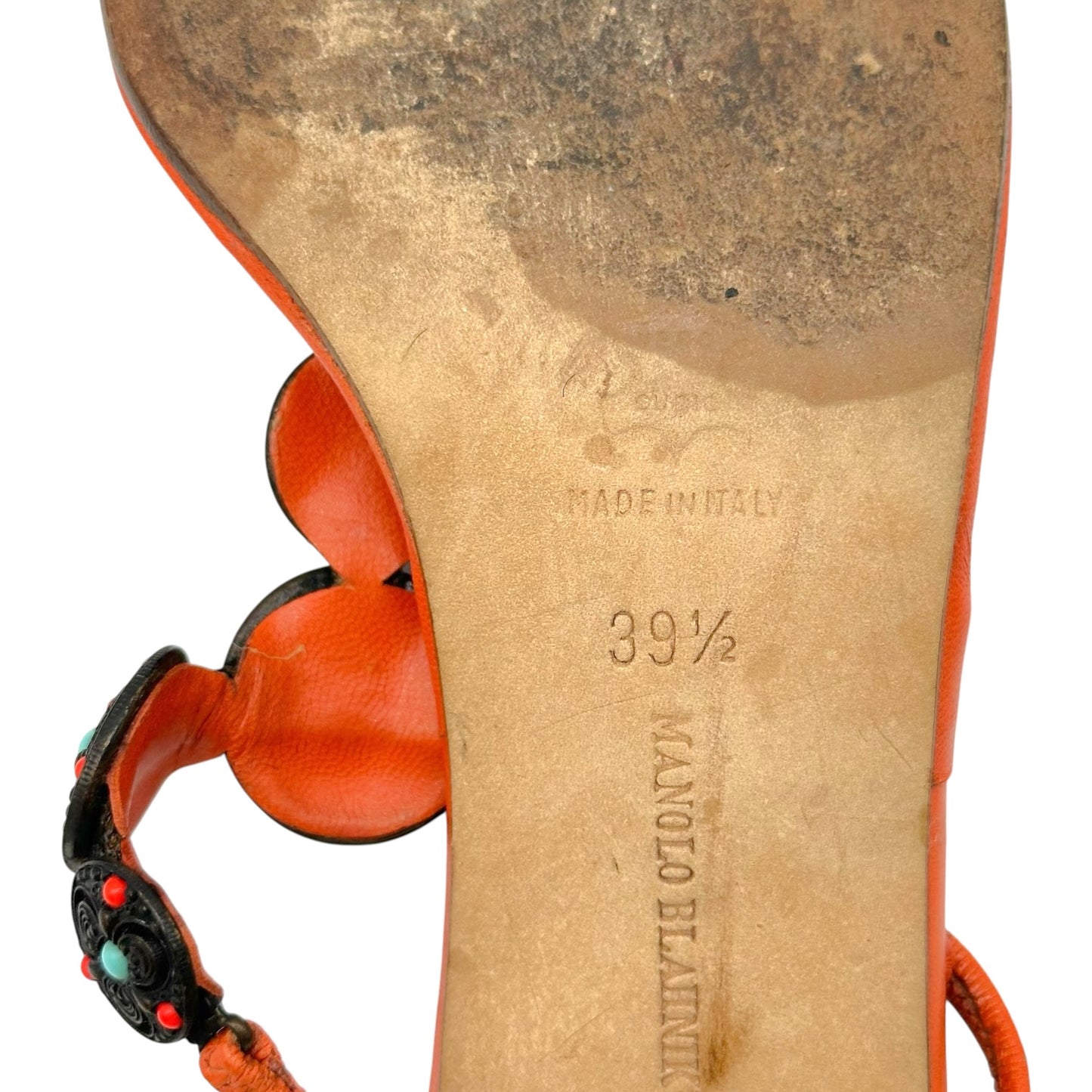 Manolo Blahnik Orange & Turquoise Beaded Kitten Heel Flip Flops