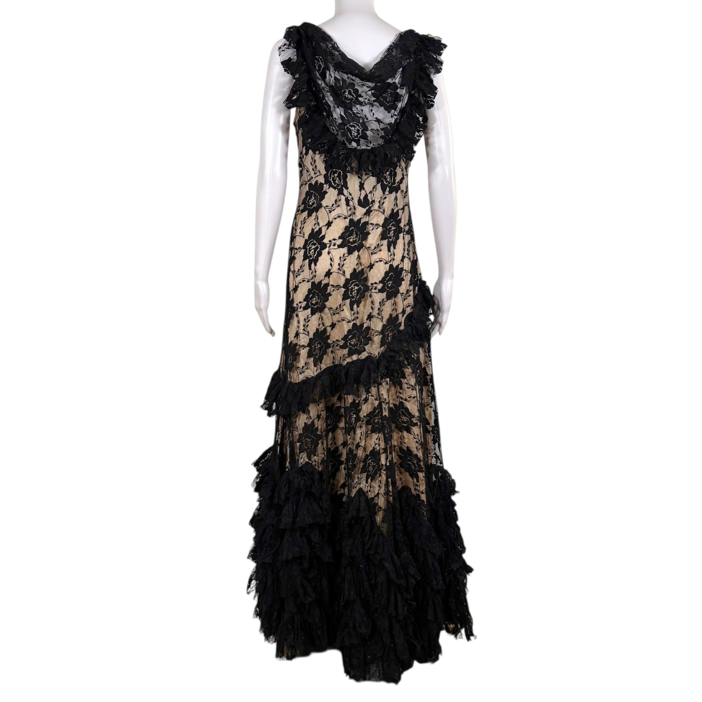 Galliano Black Lace Gown Dress Ruffle Trim Sleeveless