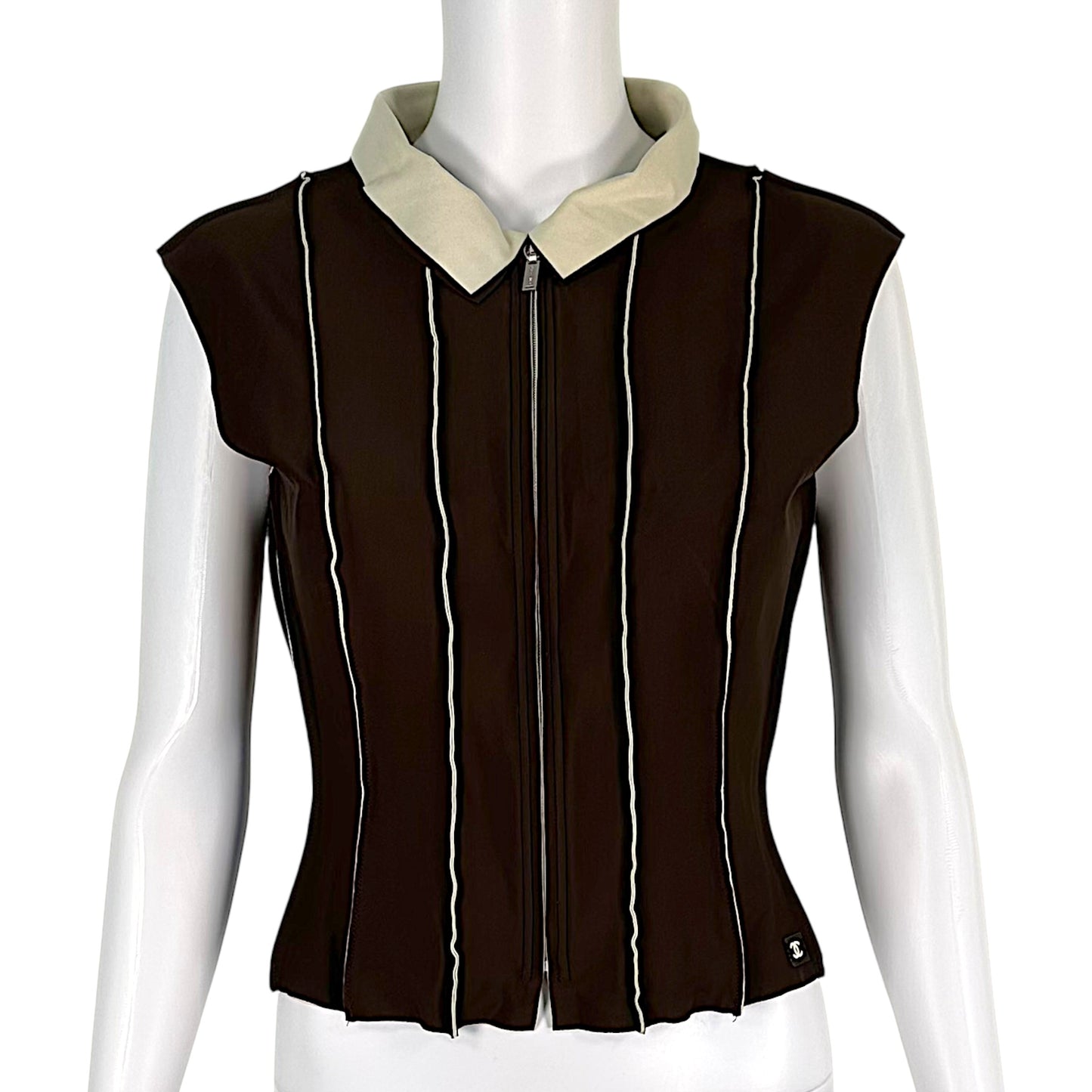 Chanel Spring 1999 Brown Paneled Spandex Zip Up Cropped Top NEW