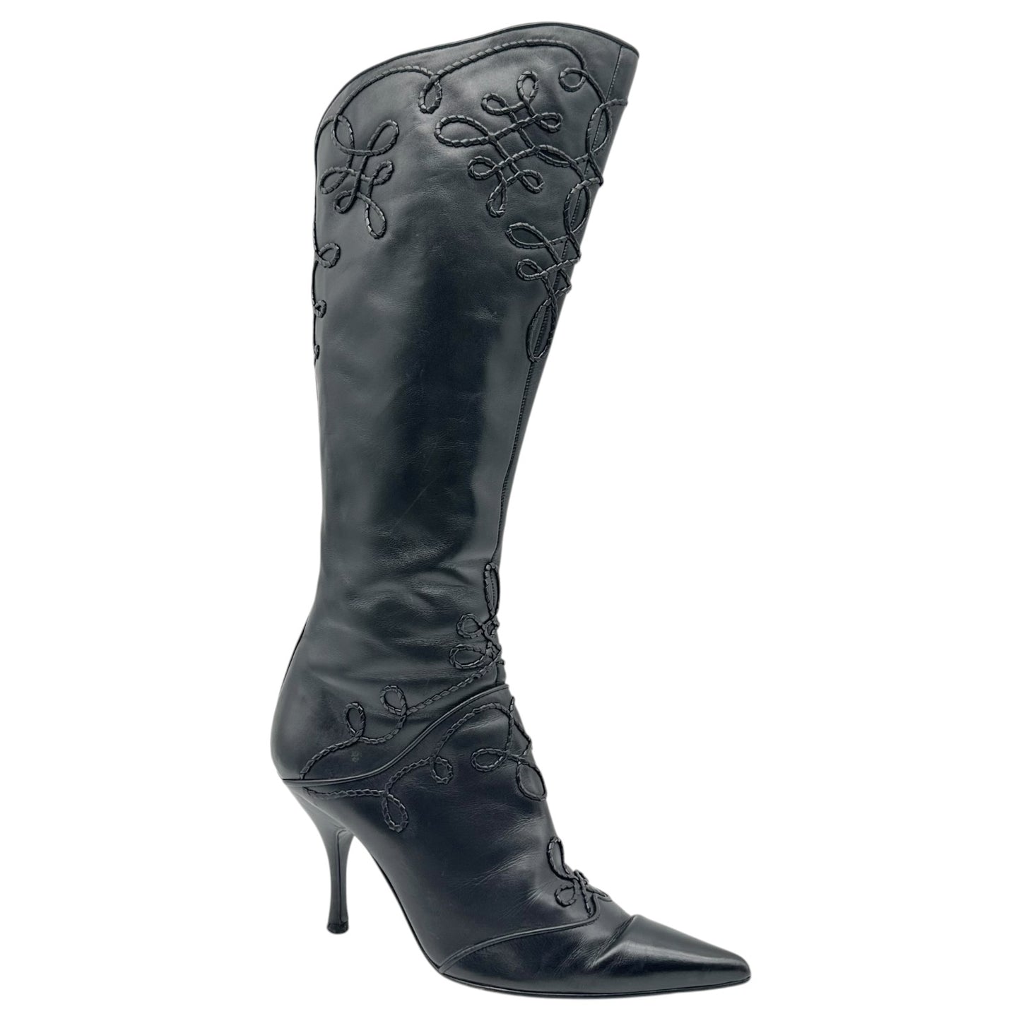 Sergio Rossi Black Braided Leather Embellished Heeled Boots