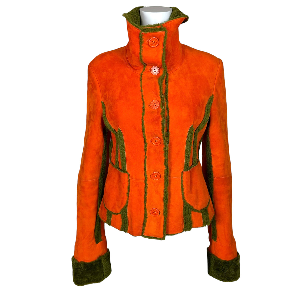 Etro Shearling Jacket Orange Khaki Green Button-Up