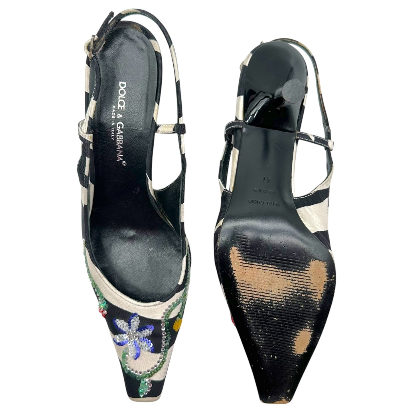 Dolce & Gabbana Zebra Print Silk & Sequin Slingback Kitten Heels