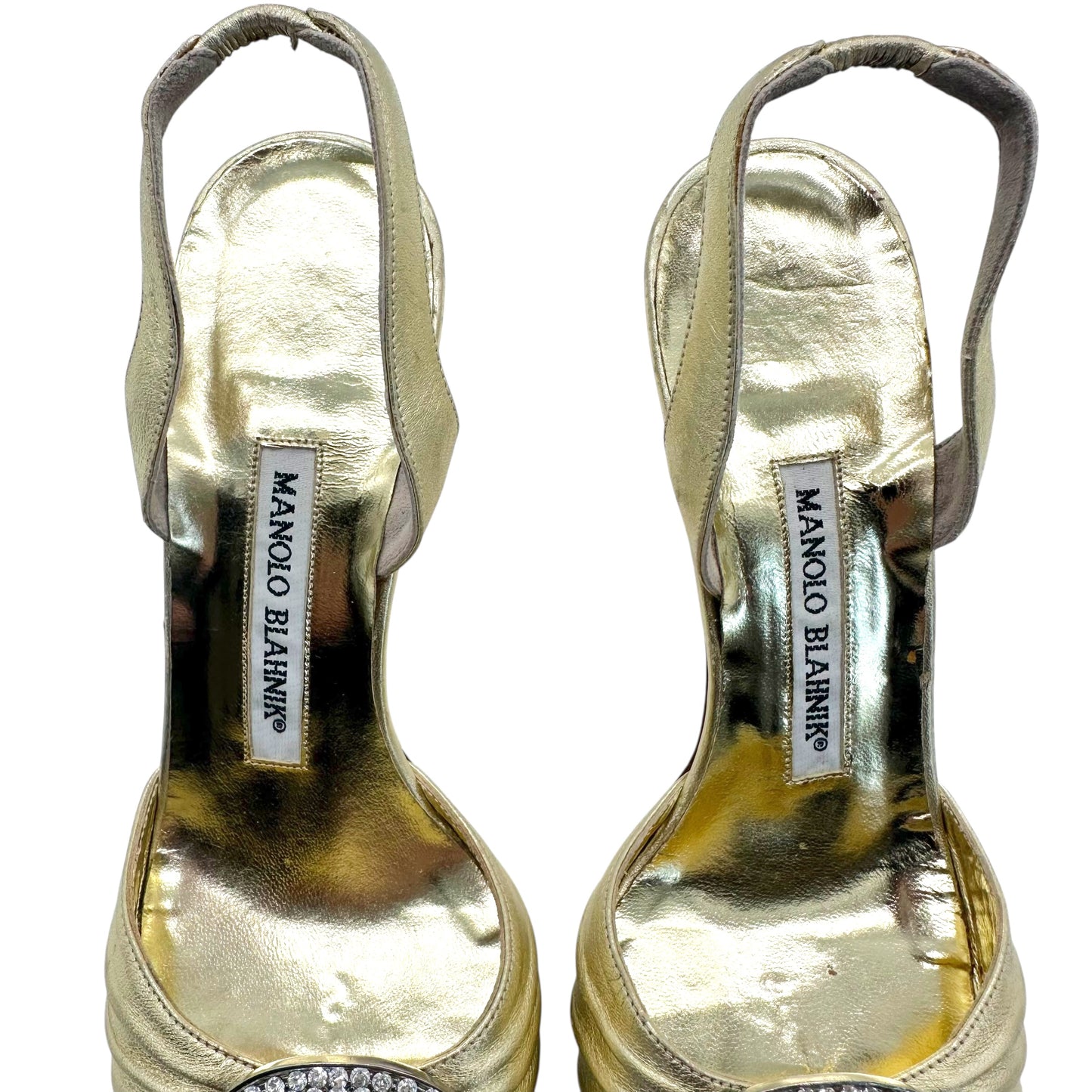 Manolo Blahnik Gold Leather & Rhinestone Slingback Heels - Outfit Repeater