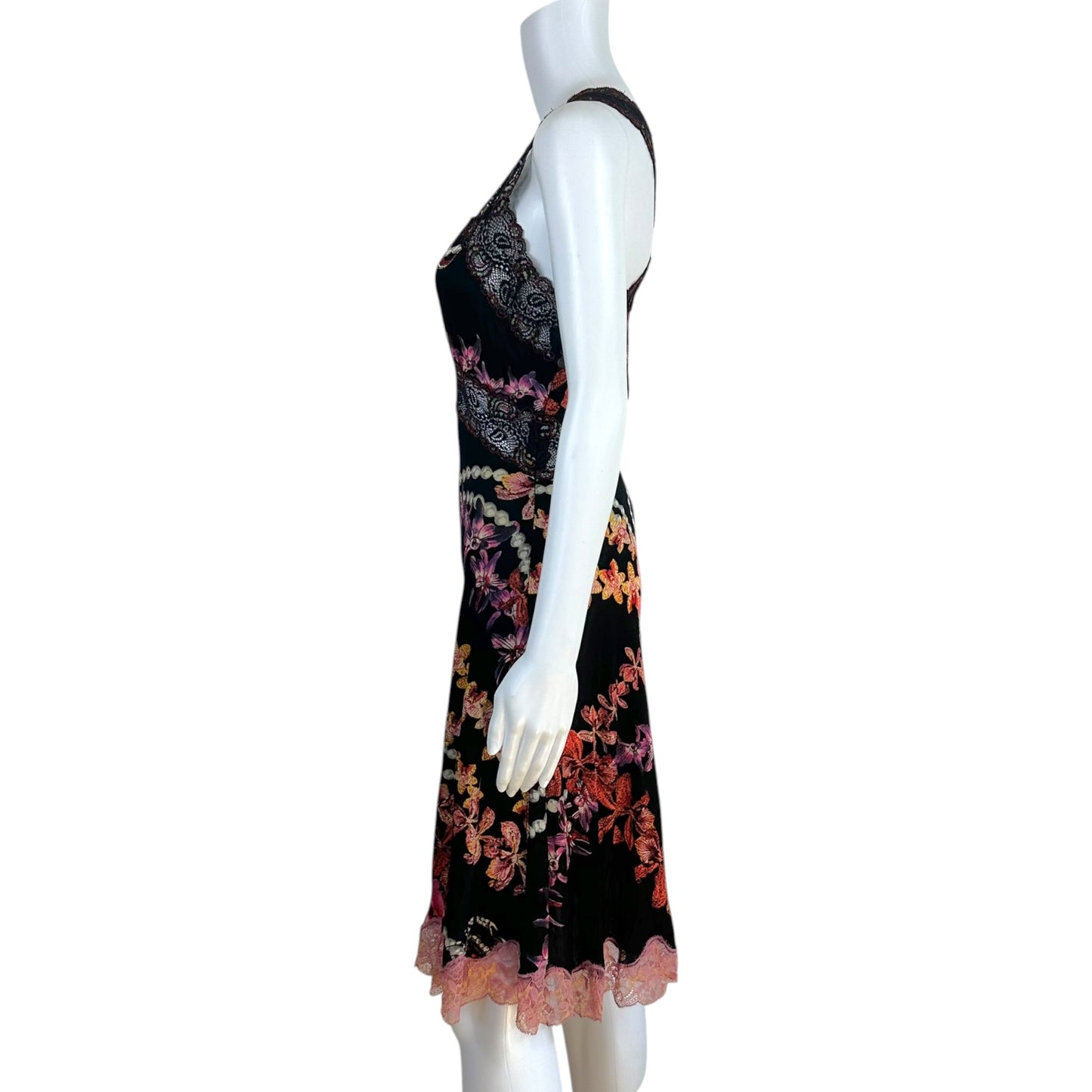 Just Cavalli Roberto Cavalli Floral & Pearl Print Lace Trim Midi Dress