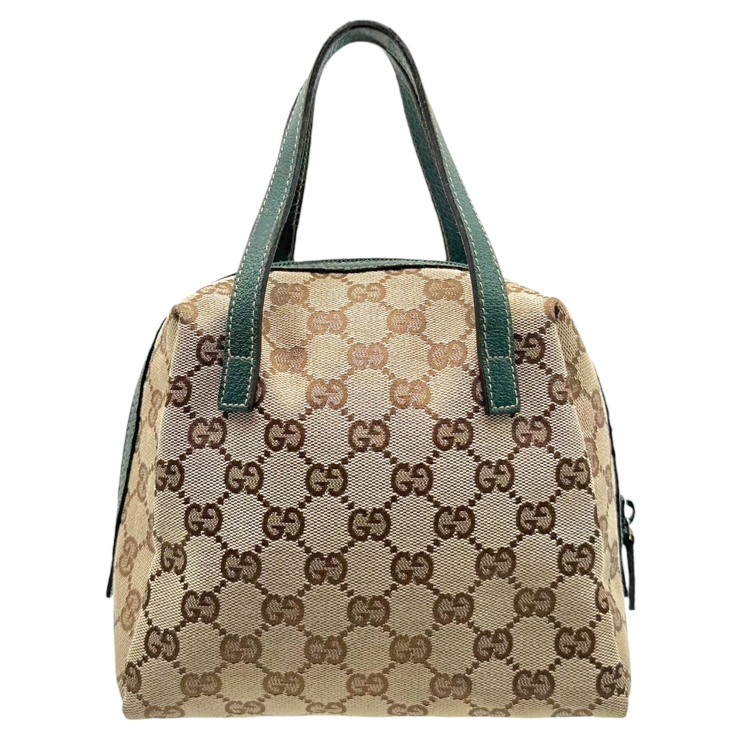 Gucci Tan Monogram & Forest Green Leather Top Handle Pochette Bag
