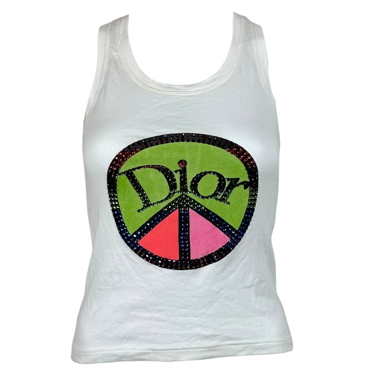 Christian Dior White Multicolor Rhinestone Peace Sign Tank