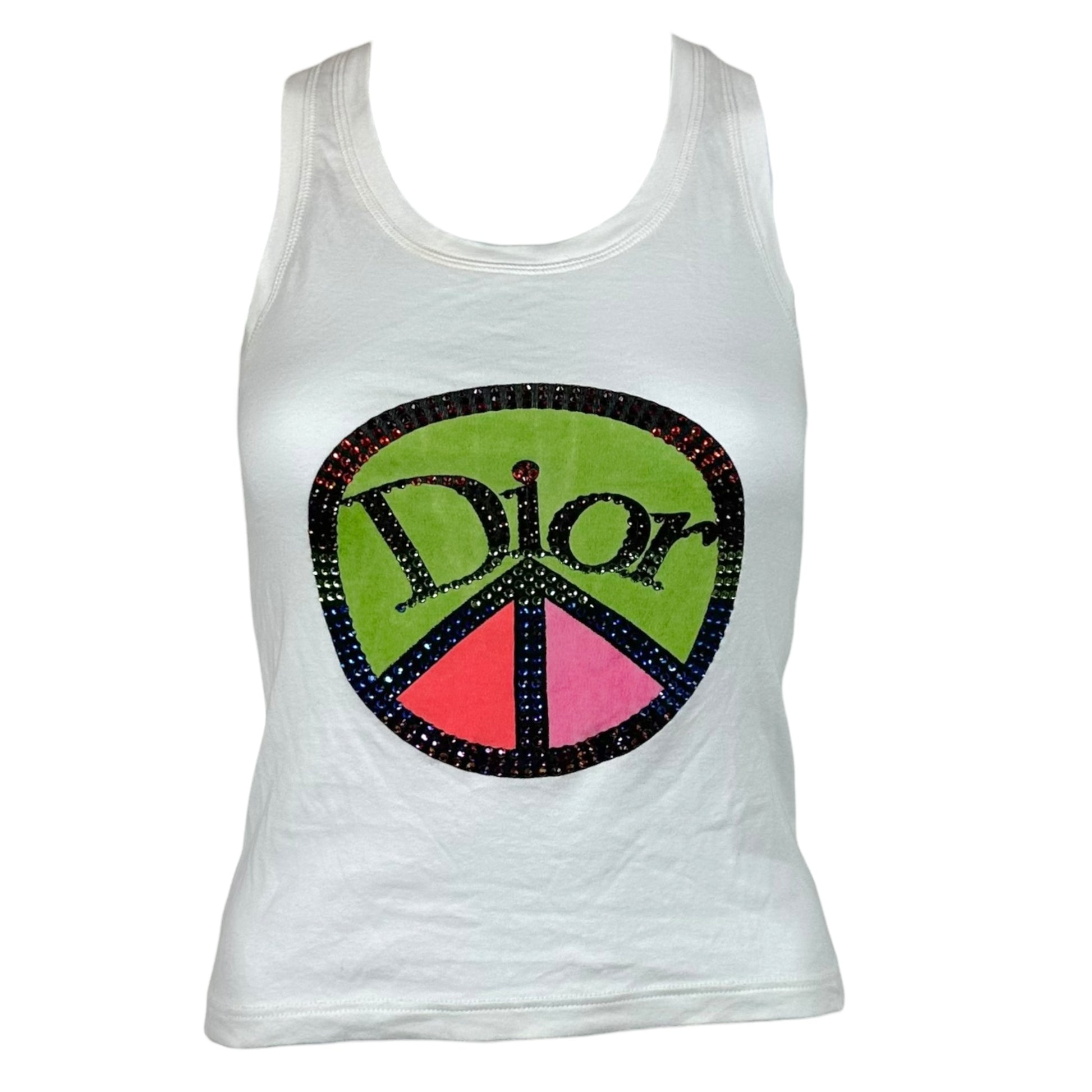 Christian Dior White Multicolor Rhinestone Peace Sign Tank