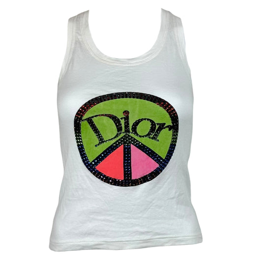 Christian Dior S/S 2005 White & Multicolor Rhinestone Peace Sign Logo Tank