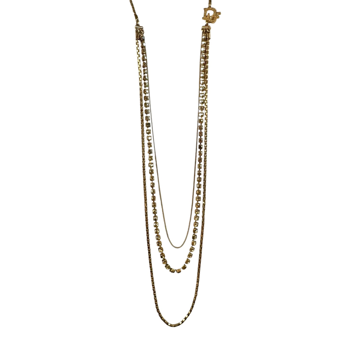 Christian Dior Gold Logo Charm Crystal Long Layered Necklace