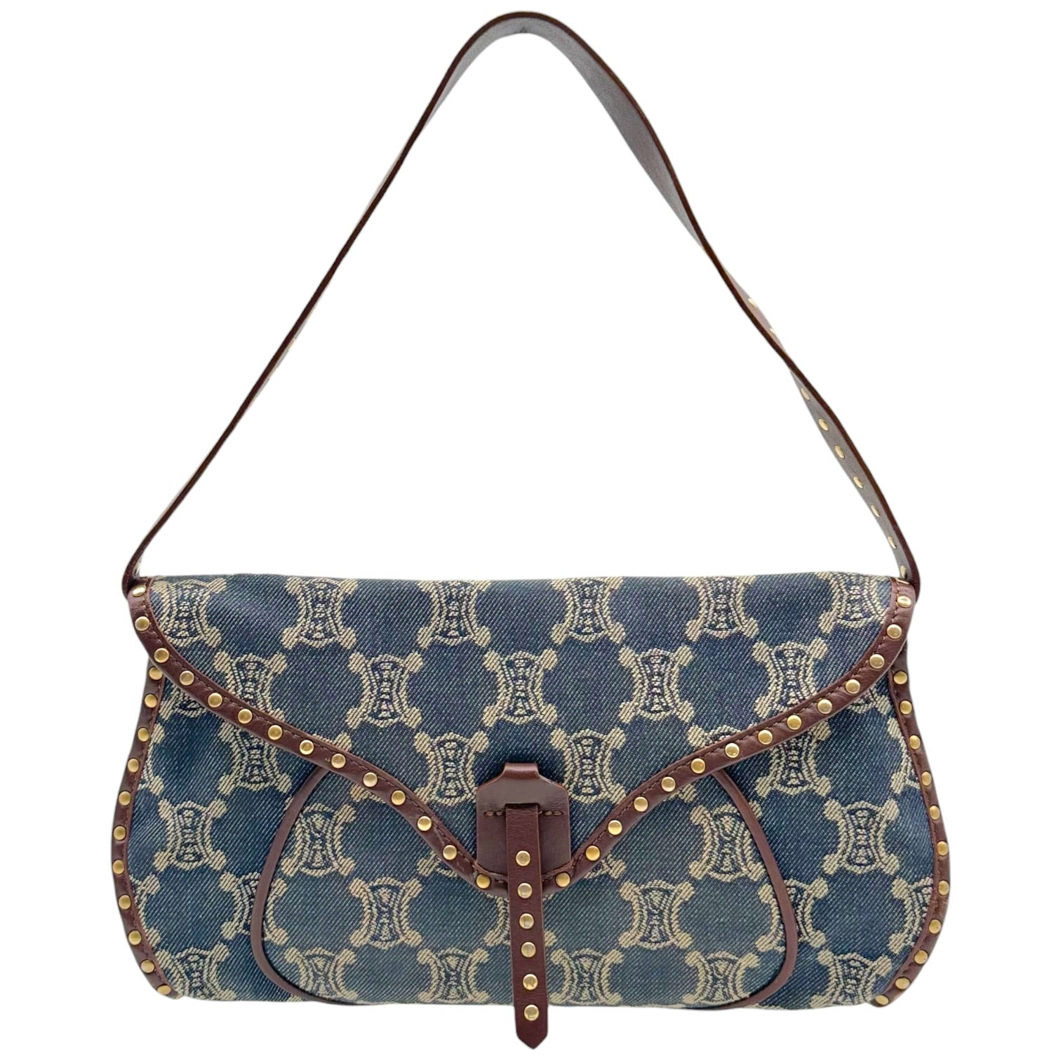 Celine Denim Shoulder Bag Triomphe Monogram Studded