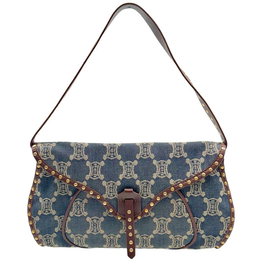 Celine Denim Triomphe Monogram Studded Poulbot Shoulder Bag