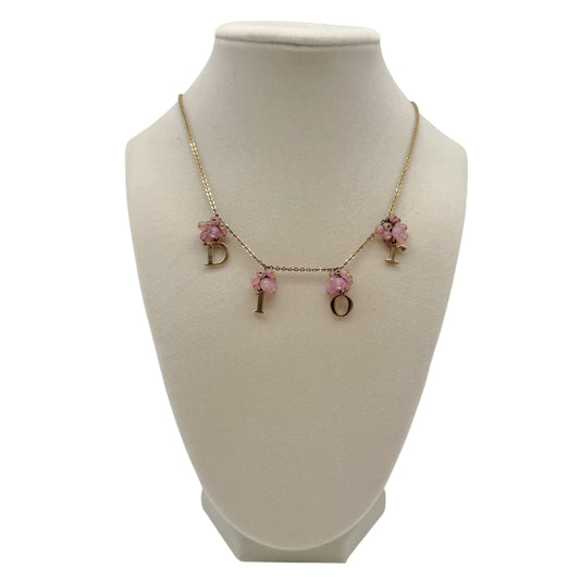 Christian Dior Gold & Pink Beaded Dangly Logo Charm Necklace