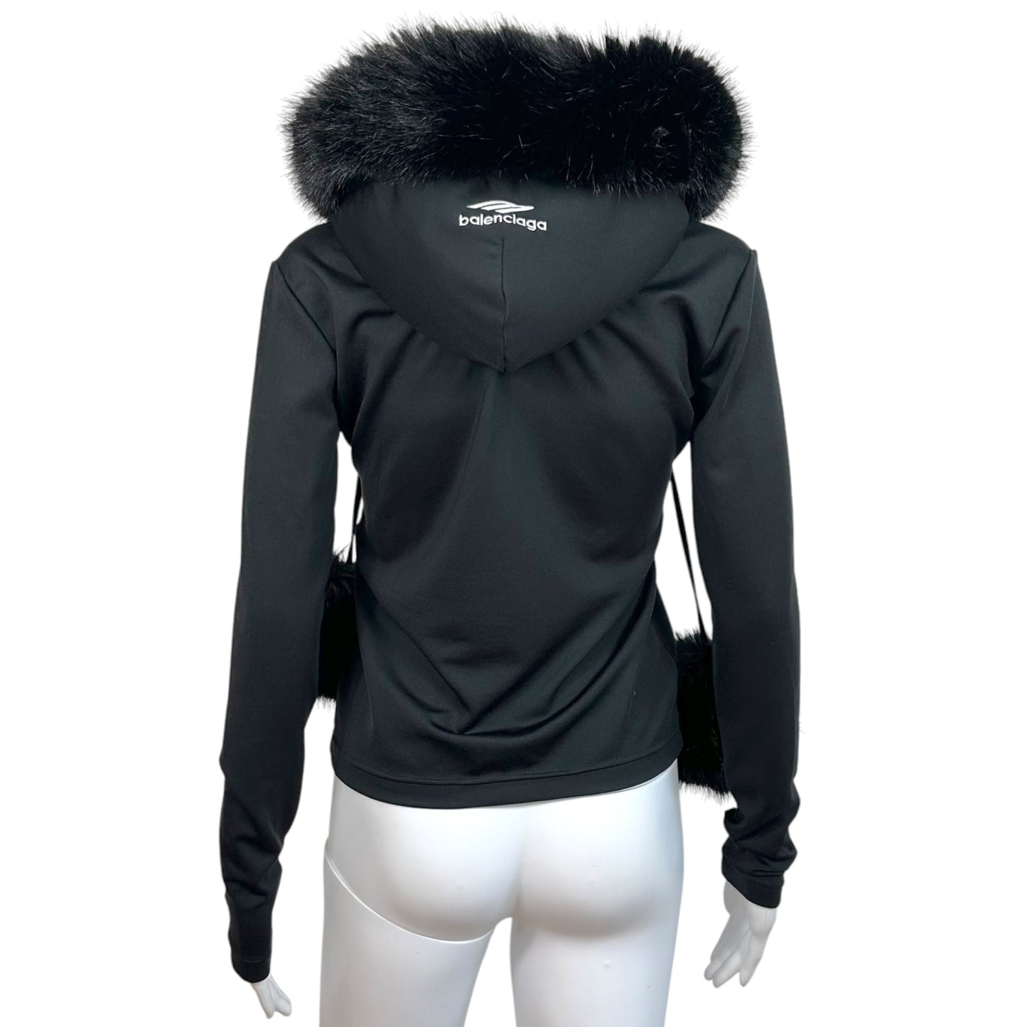 Balenciaga 2025 Black Faux Fur Pom-Pom Track Jacket