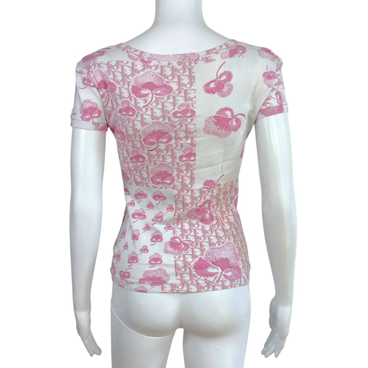Christian Dior S/S 2005 Girly Dior Pink & White Floral Trotter Monogram V-Neck T-Shirt