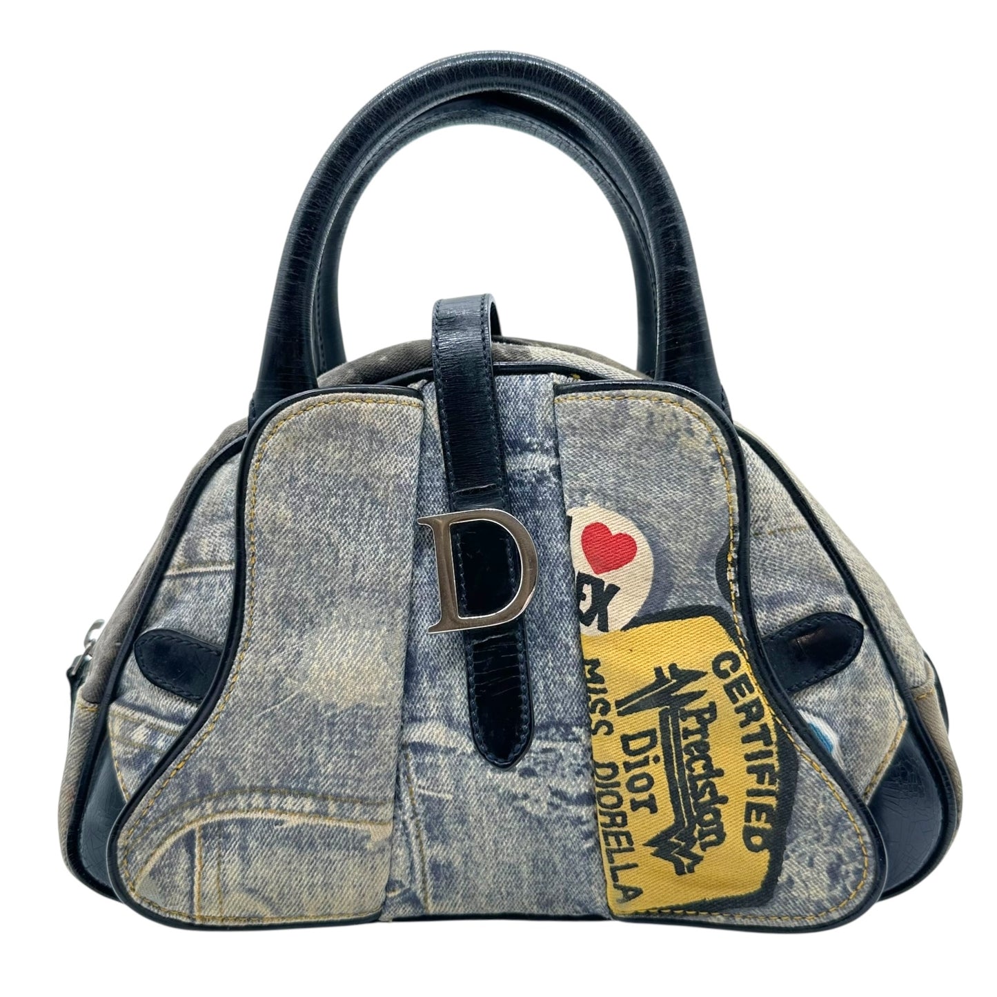 Christian Dior Miss Diorella Denim Printed Double Saddle Bowler Bag
