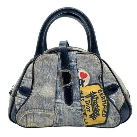 Christian Dior Miss Diorella Denim Printed Double Saddle Bowler Bag