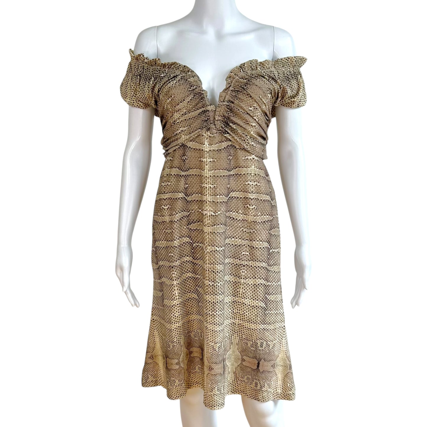 Roberto Cavalli Off-Shoulder Mini Dress Brown Snakeskin Print