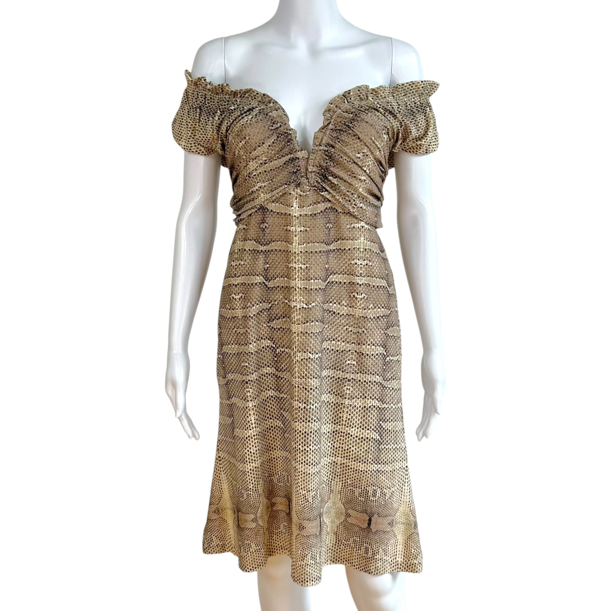 Roberto Cavalli Off-Shoulder Mini Dress Brown Snakeskin Print