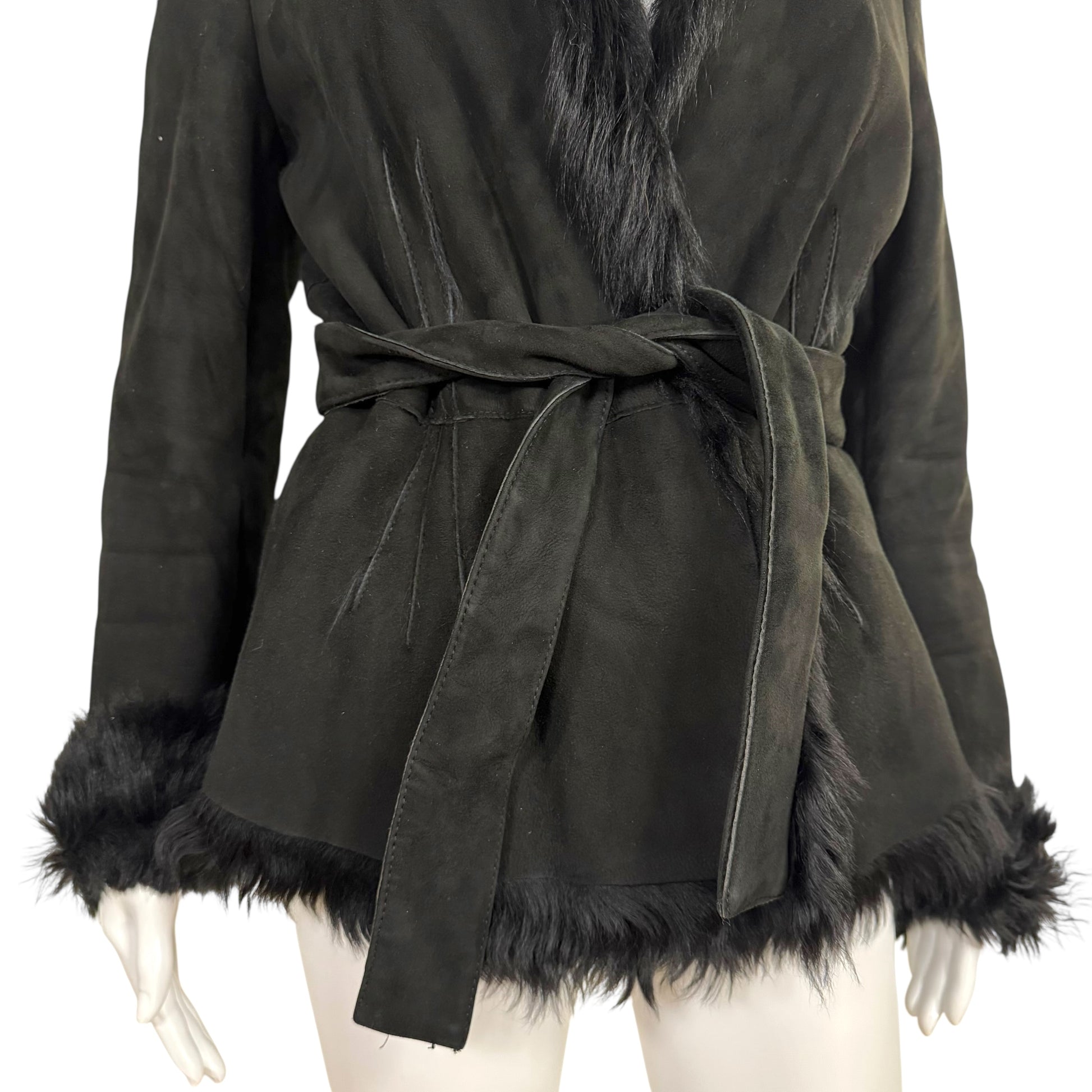 Gucci Black Shearling Fur Suede Wrap Coat