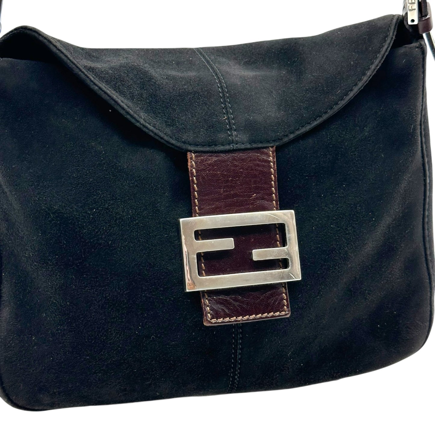 Fendi Black Suede & Brown Leather Trim Square Baguette Bag