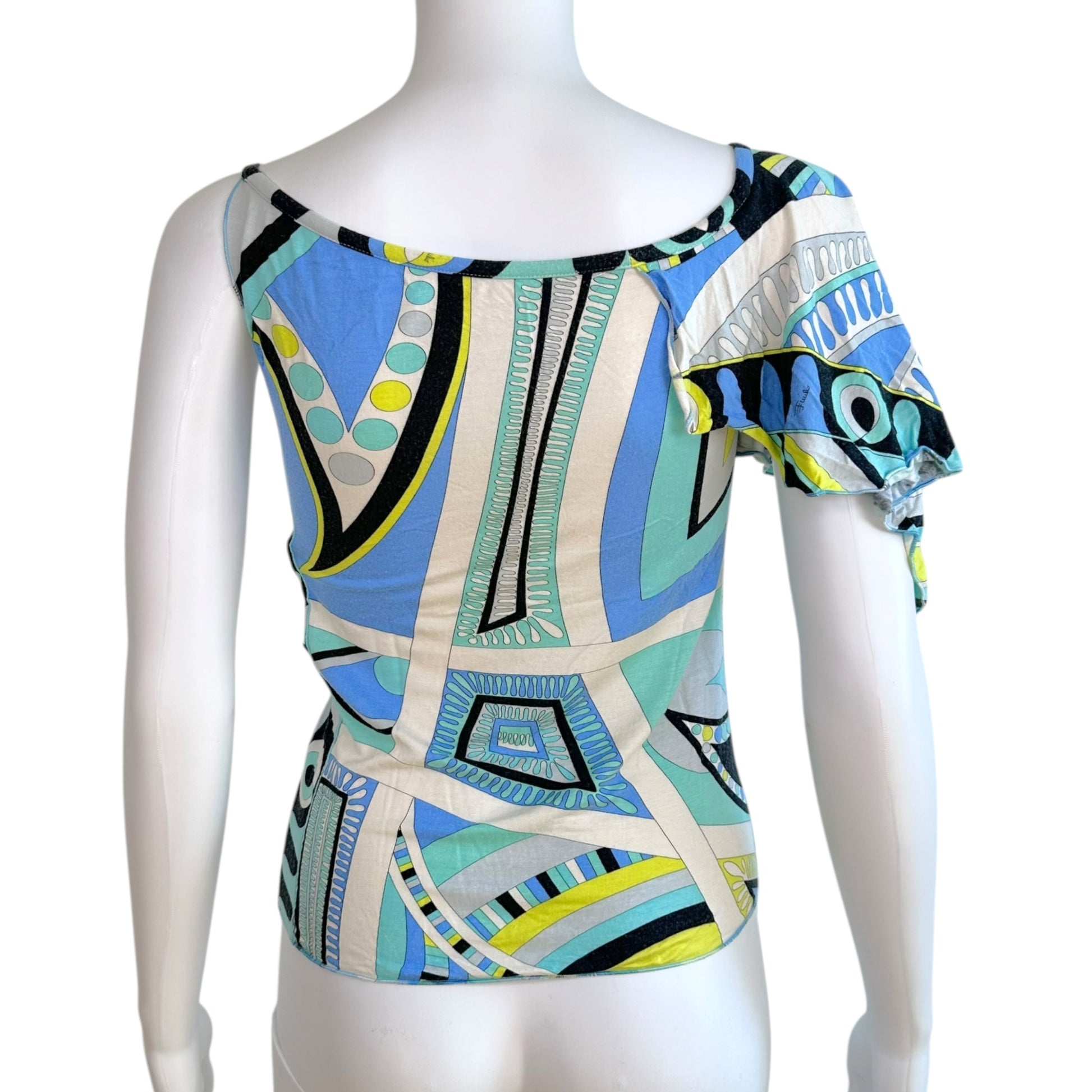 Emilio Pucci Asymmetrical Sleeve Top Blue Green Print