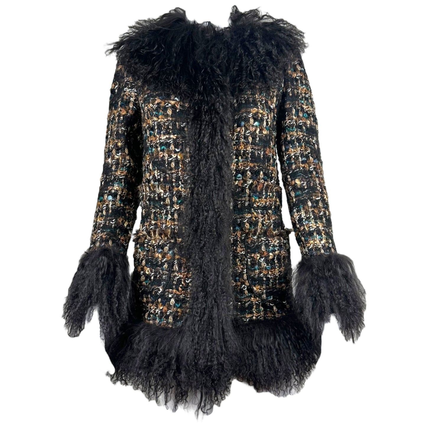 Dolce & Gabbana Multicolor Tweed Mongolian Fur Trim Jacket