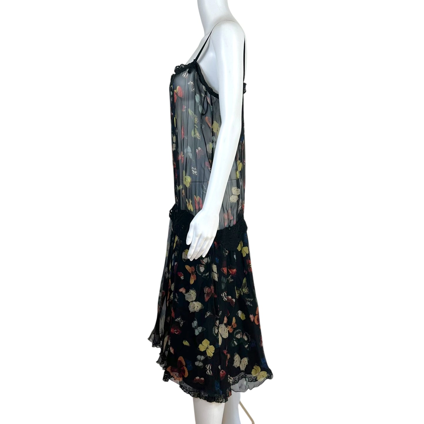 Dolce & Gabbana F/W 2001 Sheer Butterfly Print Silk & Lace Midi Dress