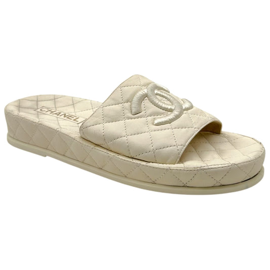 Chanel Ivory CC Logo Matelasse Quilted Slide Sandals
