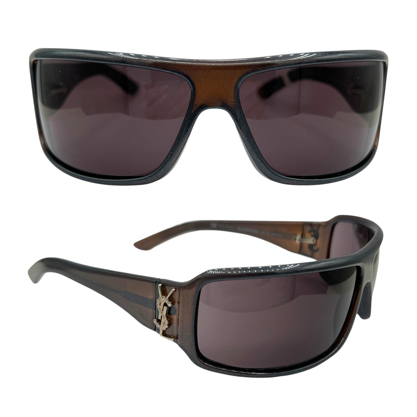 Yves Saint Laurent Brown Rhinestone Logo Shield Sunglasses YSL6078 w/ Case