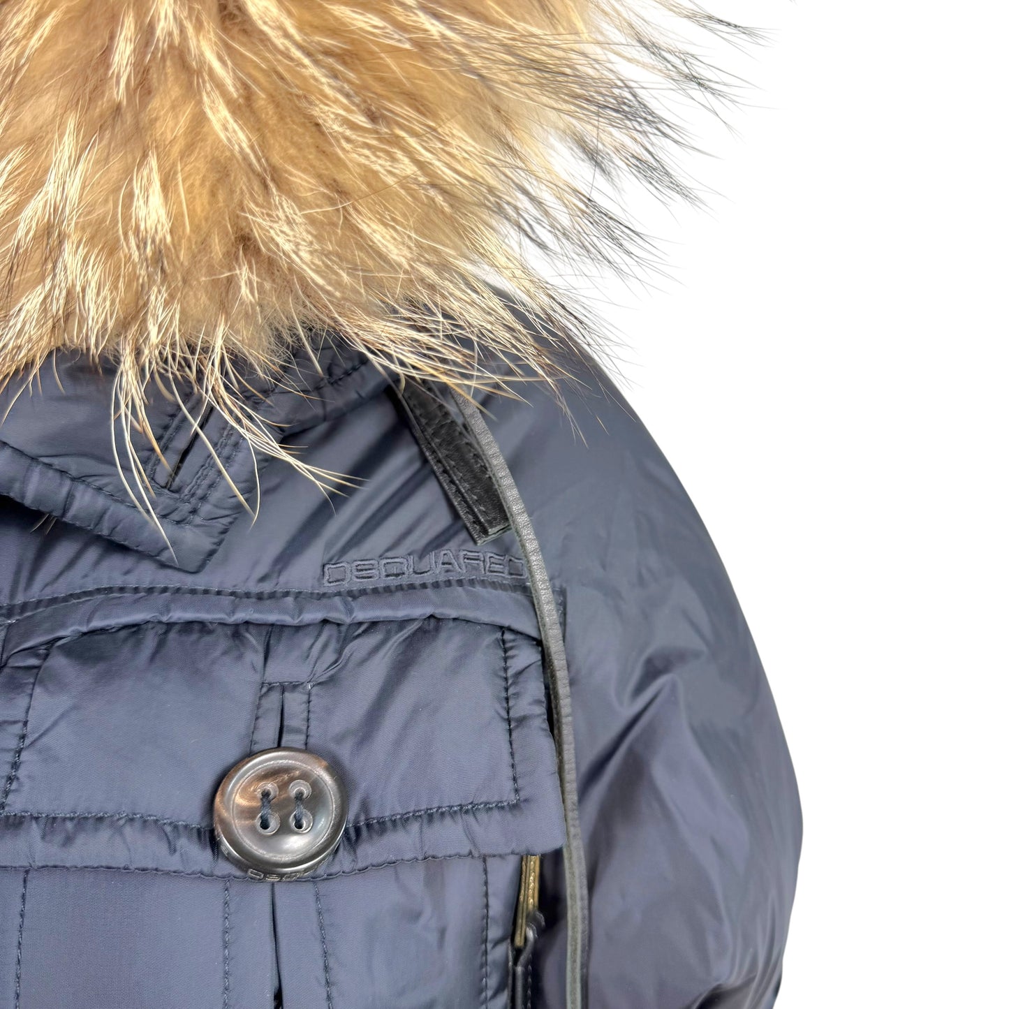 Dsquared2 Navy Blue Down Fill Fox Fur Trim Hood Cropped Bomber Puffer Coat