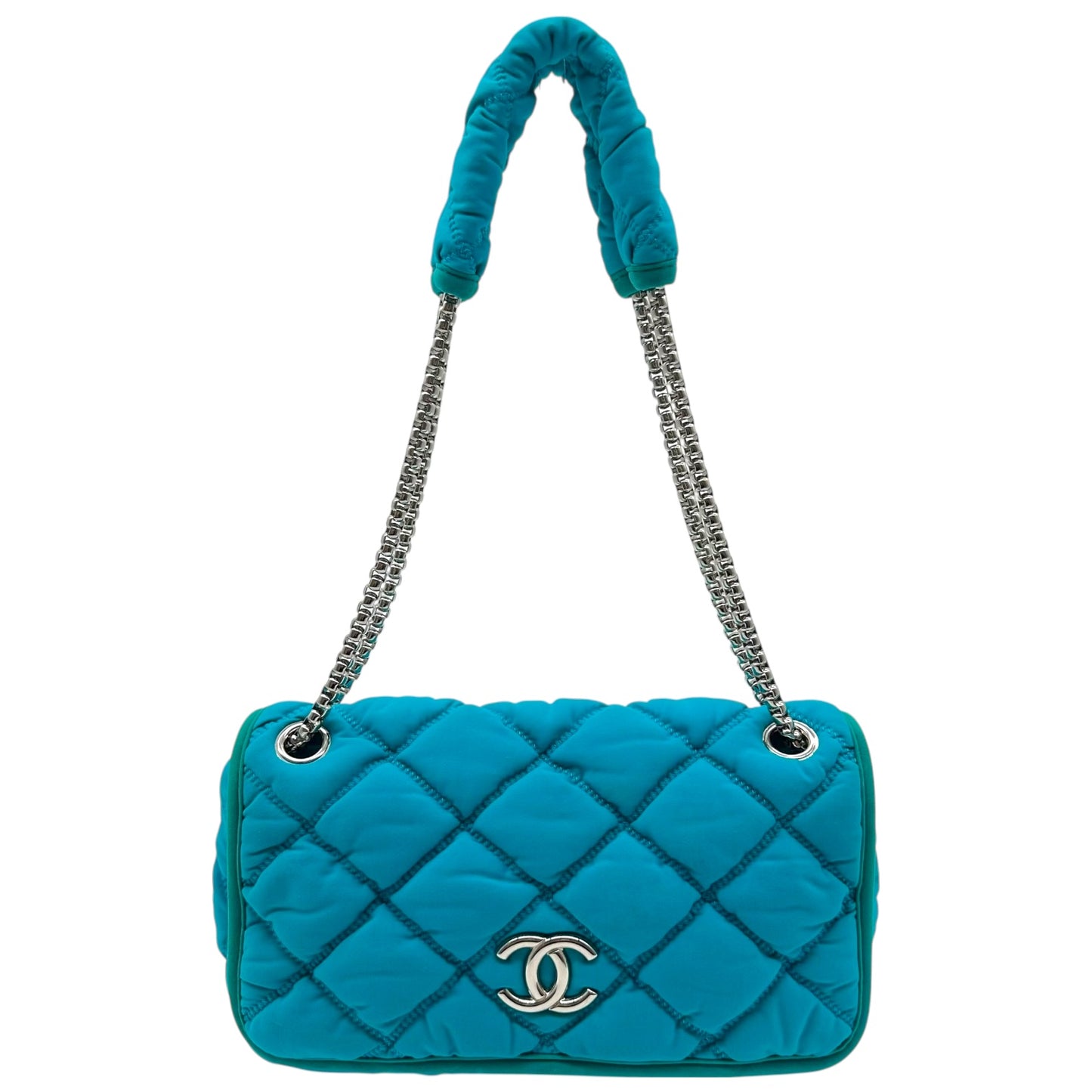 Chanel Turquoise Fabric Bubble Quilt Flap Shoulder Bag 2008-09