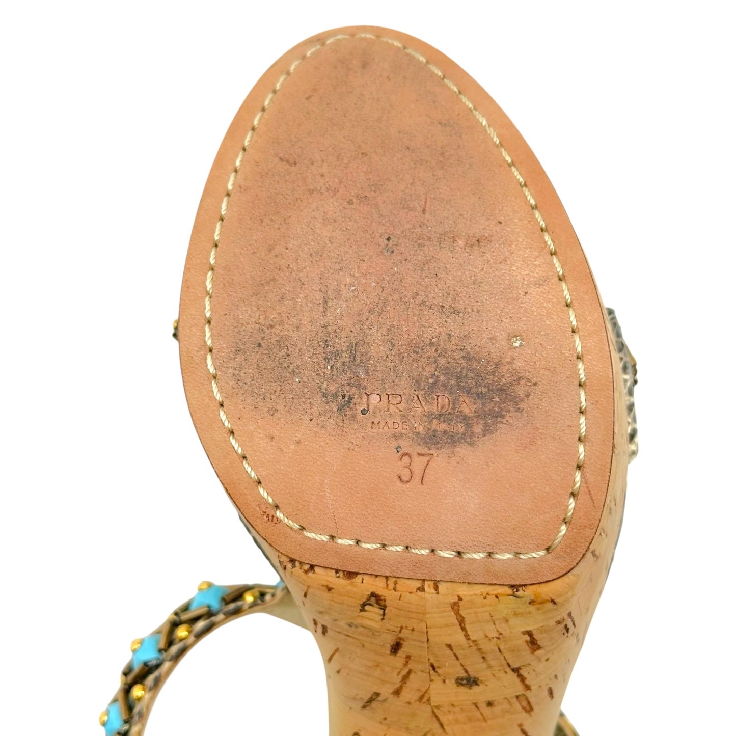 Prada Turquoise Beaded Snakeskin Cork Platform Sandal Heels
