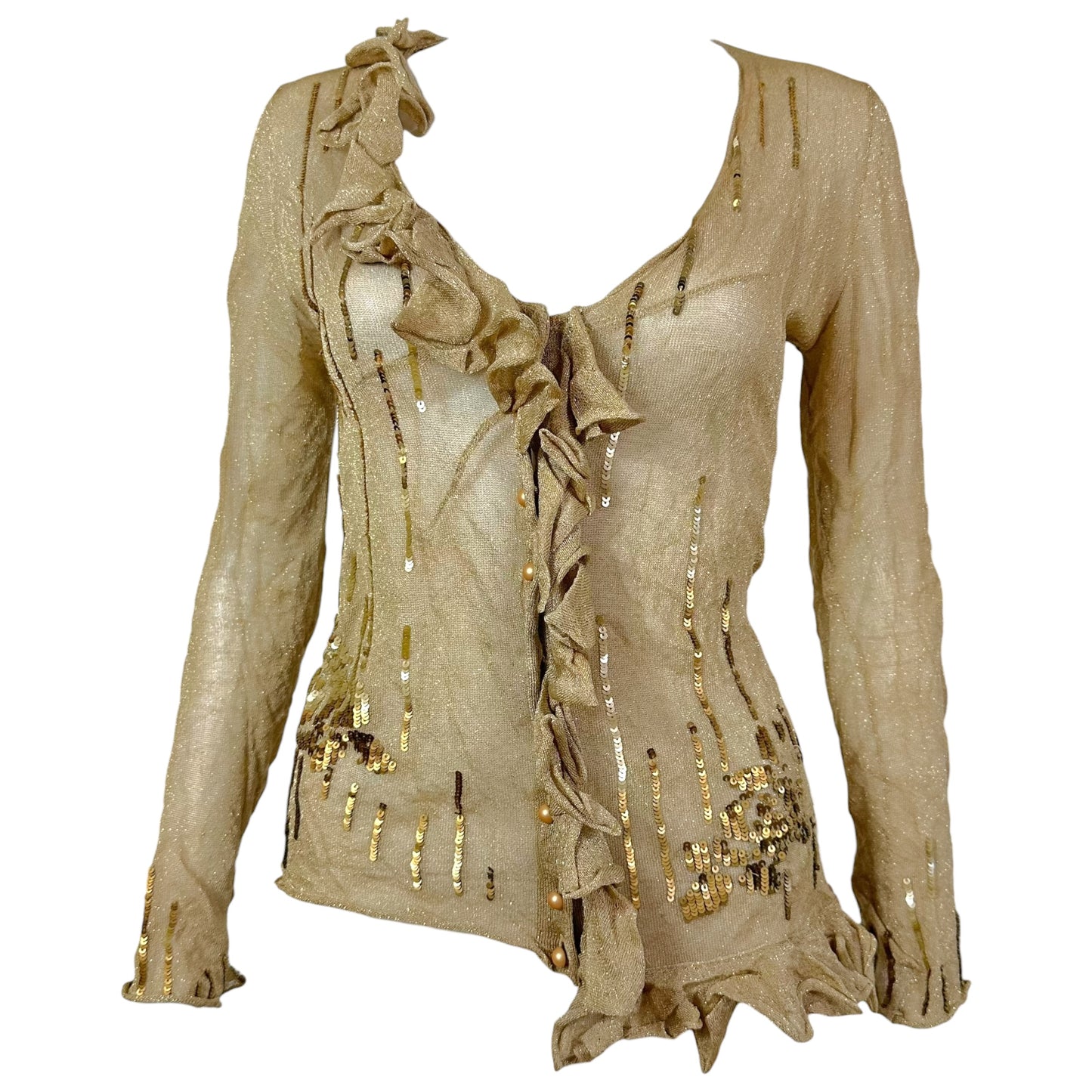 John Galliano S/S 2007 Gold Sequin Embellished Tan Sheer Knit Cardigan