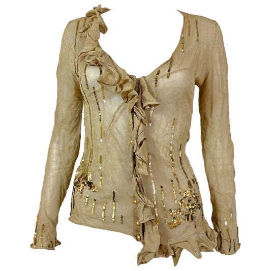 John Galliano S/S 2007 Gold Sequin Embellished Tan Sheer Knit Cardigan
