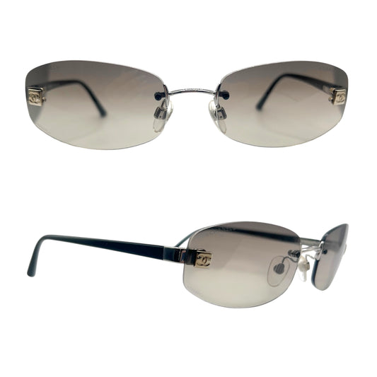 Chanel Gray & Black Logo Lens Rimless Oval Sunglasses 4067