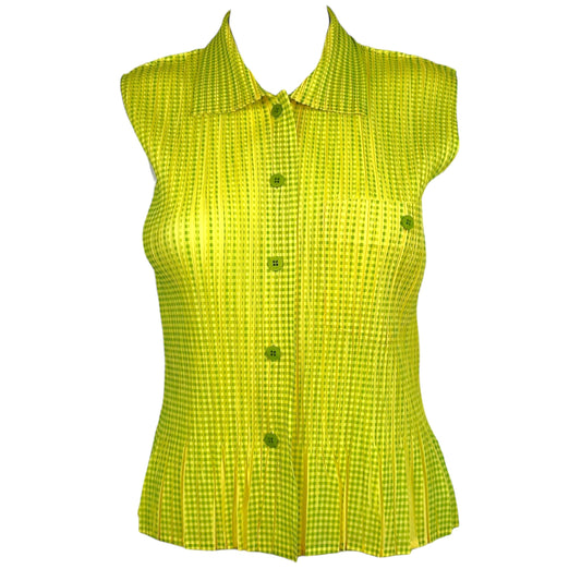 Issey Miyake Pleats Please Yellow Green Gingham Blouse