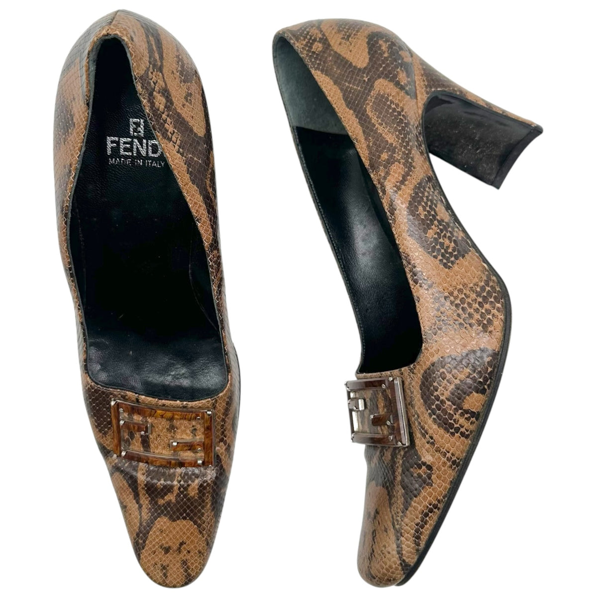 Fendi Brown Snakeskin FF Logo Toe Pumps