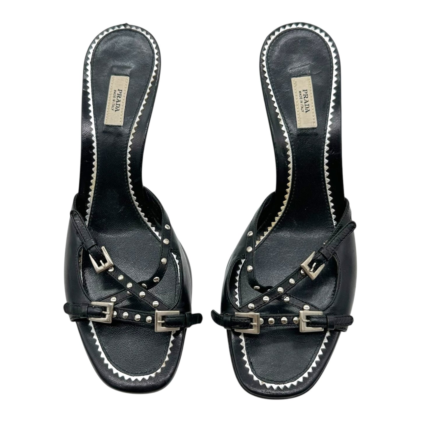 Prada Black Leather Rivet Embellished Kitten Heel Sandals
