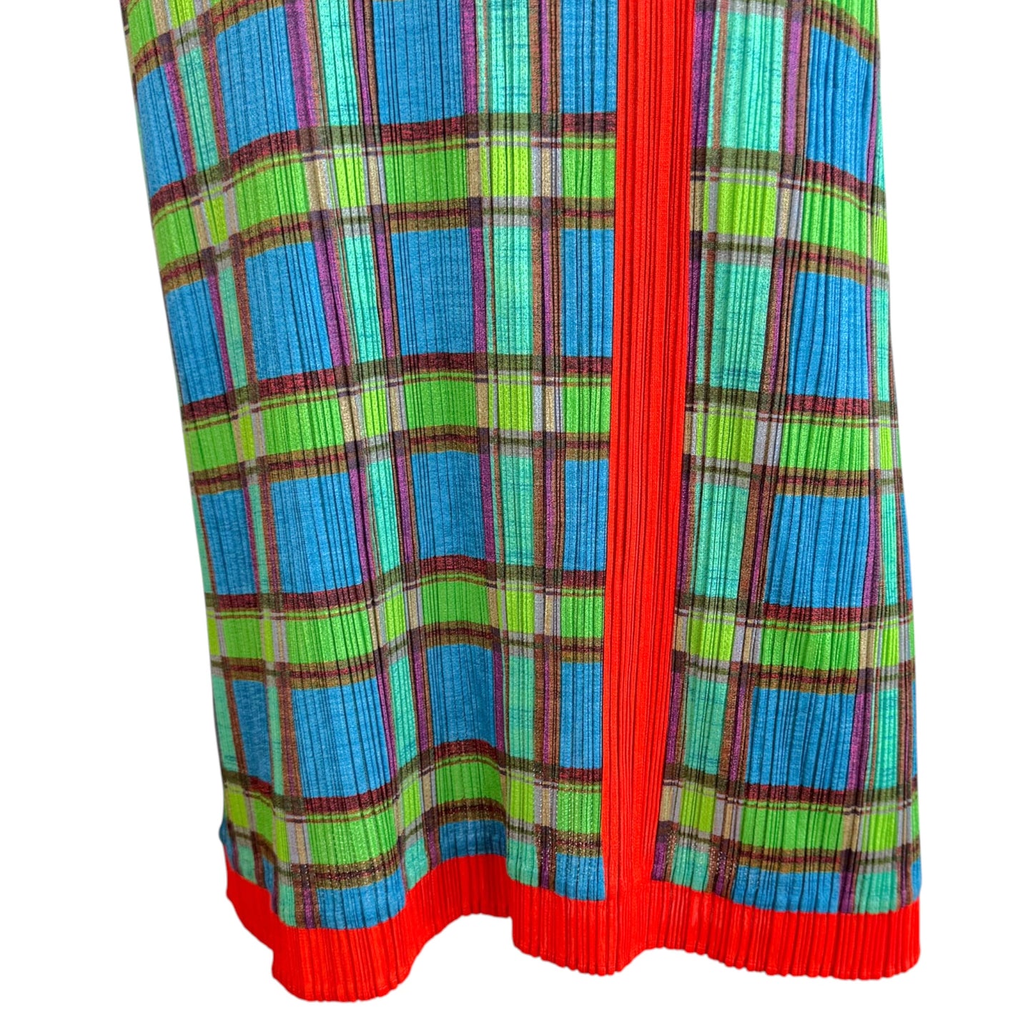 Issey Miyake Pleats Please Blue Green & Red Plaid Print Pleated Maxi Dress Sz 5