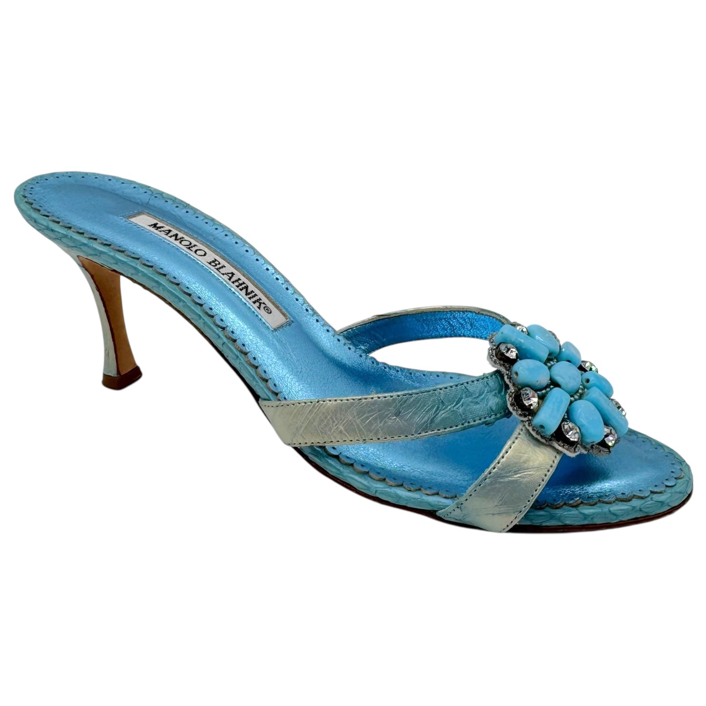 Manolo Blahnik Blue Beaded Kitten Heel Mule Sandals - Outfit Repeater