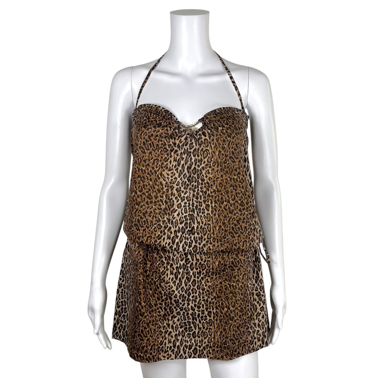 Dolce & Gabbana Beachwear Semi-Sheer Leopard Print Logo Charm Halter Dress