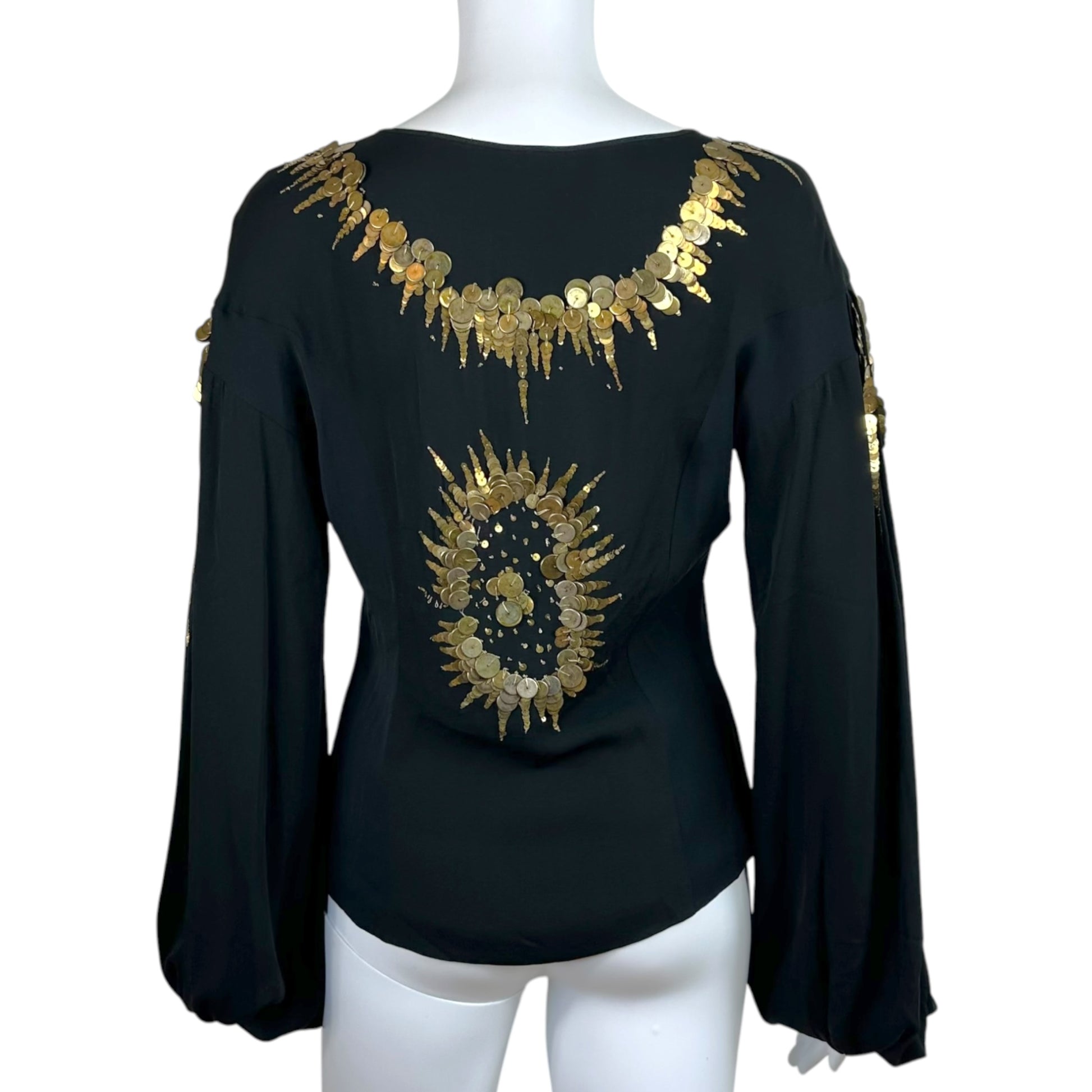 Emilio Pucci Silk Peasant Blouse Black Gold Beaded