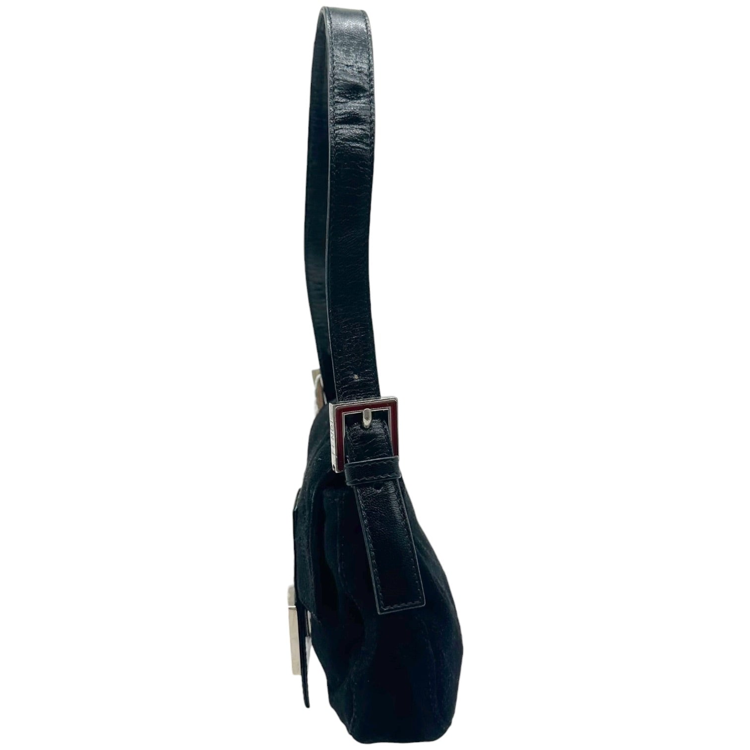 Fendi Black Suede Mini Baguette Bag with Red Buckle