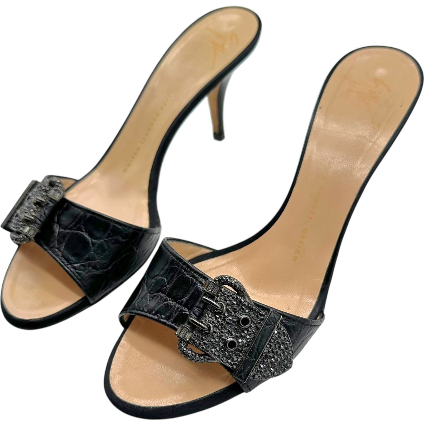 Giuseppi Zanotti Black Croc Embossed Embellished Buckle Heels