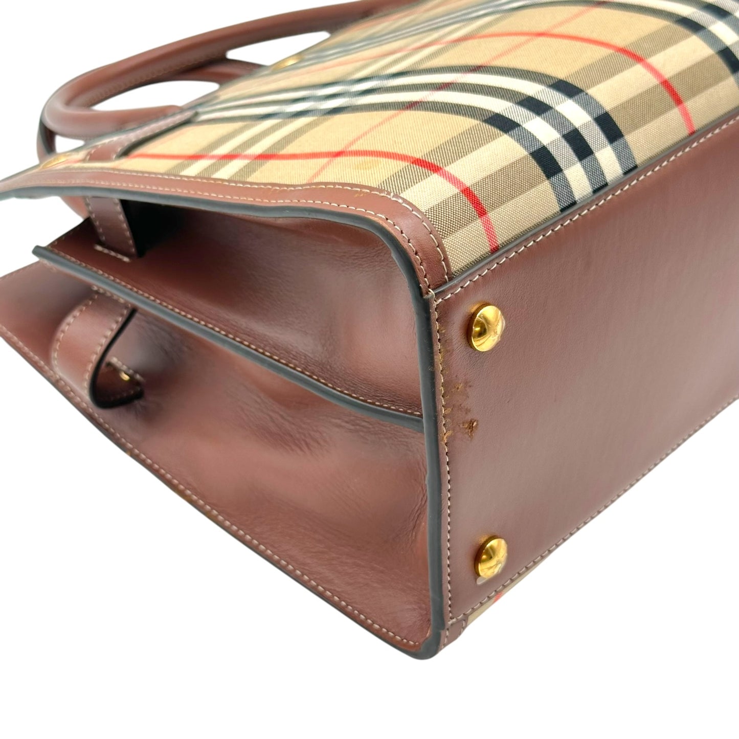 Burberry Brown Leather Nova Check Plaid Tote Handbag